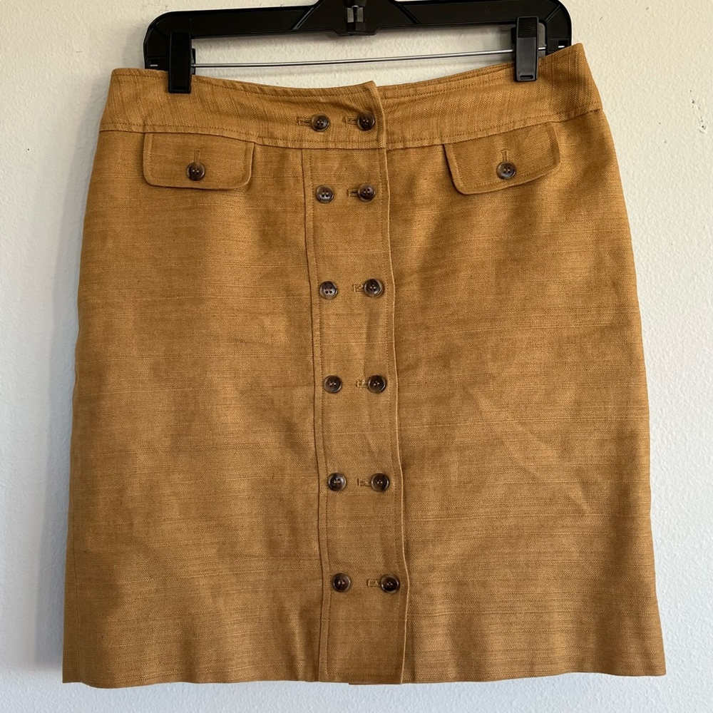 Anne Klein Linen Blend Golden Brown Button-up Pencil Preppy Office Skirt Sz 8P
